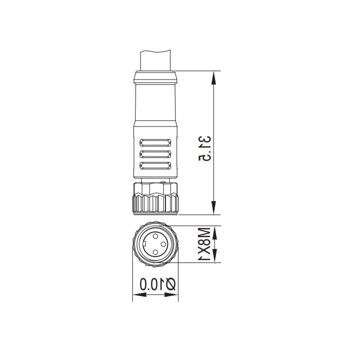 M8 3Pin, straight female, LED light, single end precast PUR flexible cable, black sheathing, 63S041-XXX