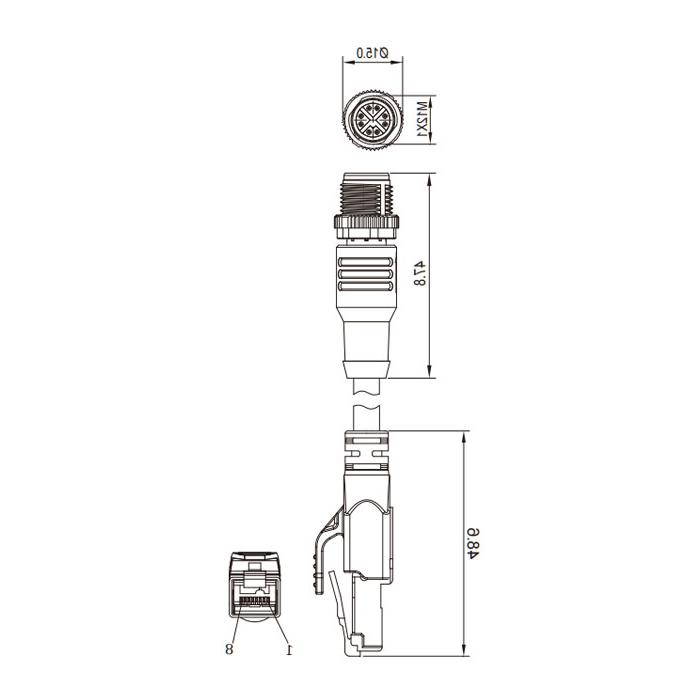 M12 8Pin (X-coded) Male straight turn RJ45 Male straight, double-ended pre-cast TPE flexible cable, shielded, green sheath, Ethernet Cat.6a 10Gbps、0CF461-XXX